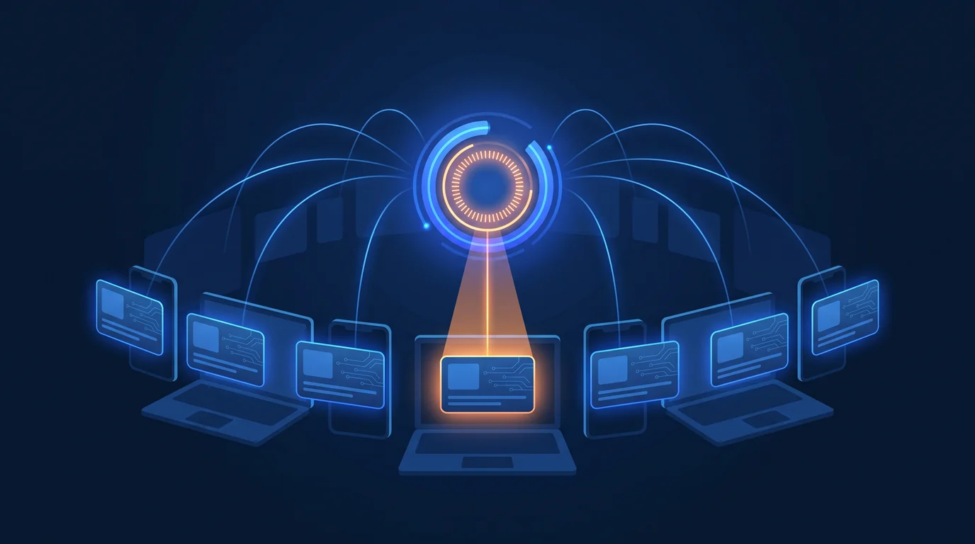 Illustration of a corporate email signature template distributed from one hub to every device