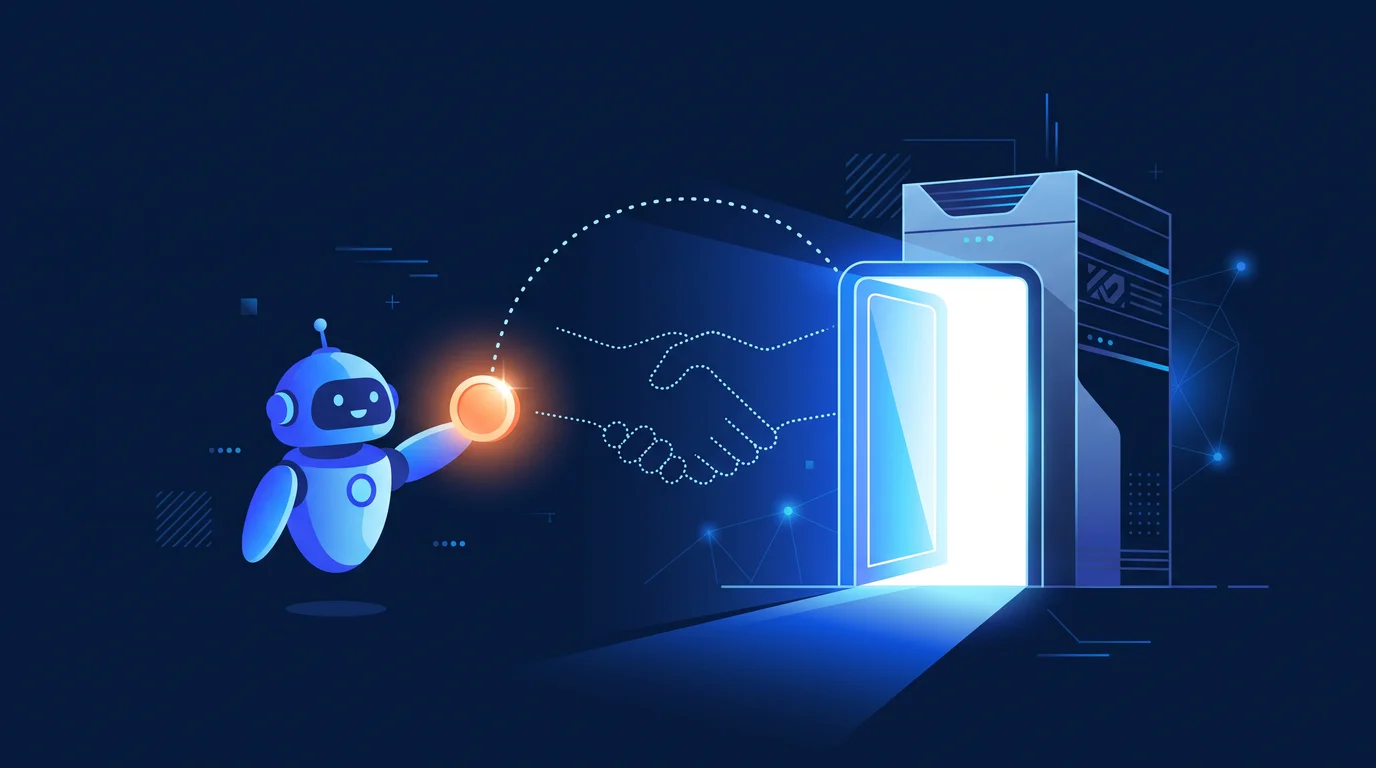 Illustration of a robot offering a glowing coin at a server doorway, representing per-request payment