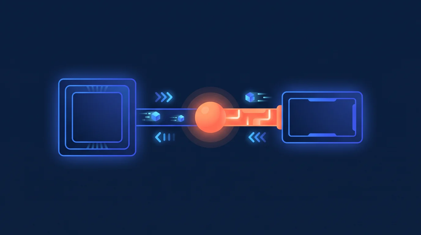 Illustration of a central connector joining two systems with two-way data flow