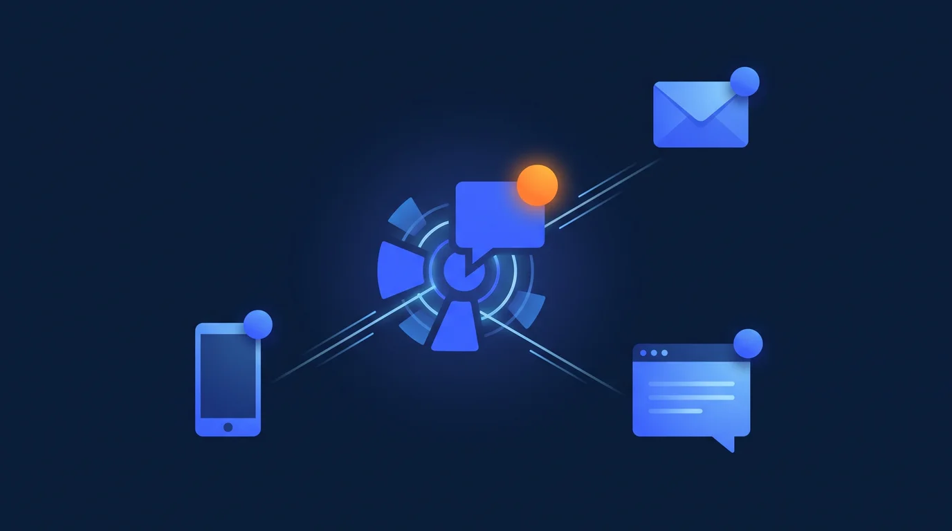 Illustration of notifications fanning out from a core to phone, email and chat