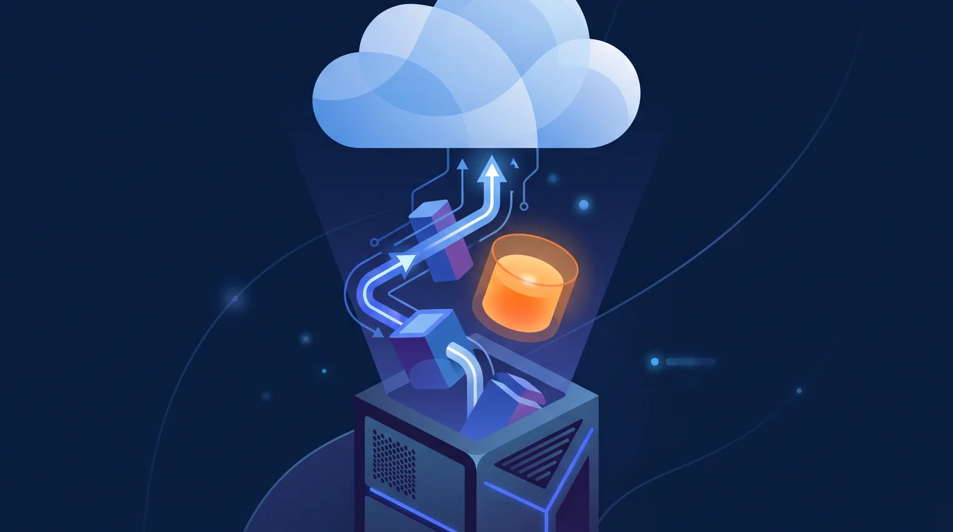 Illustration of data containers migrating from an old server up to the cloud