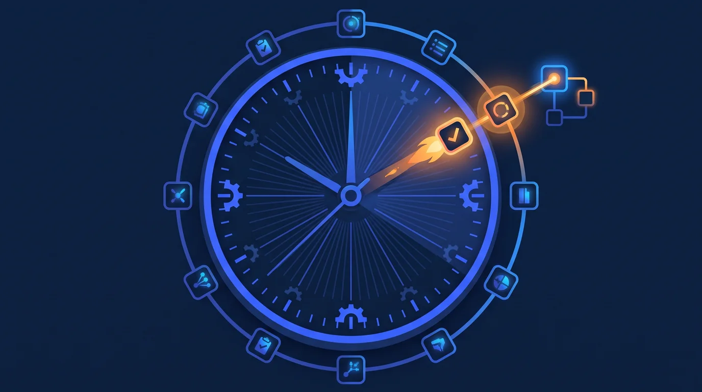 Illustration of scheduled tasks repeating around a clock dial and firing