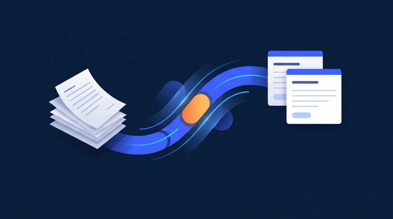 Illustration of paper processes transforming into digital workflow cards