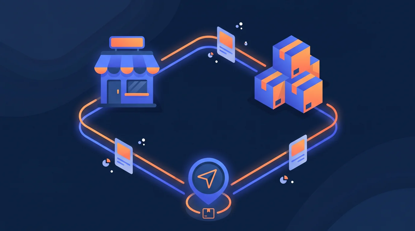 Illustration of order and stock flow between storefront, warehouse and delivery
