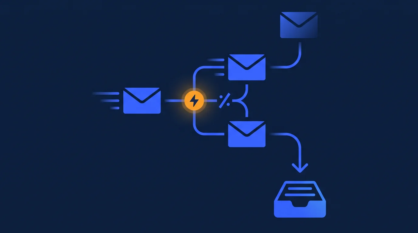 Illustration of an email flow passing through trigger and condition steps to an inbox