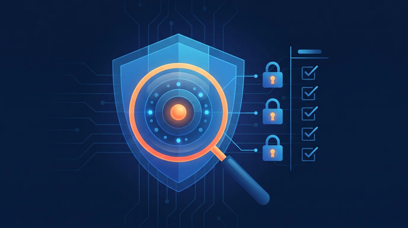 Illustration of a layered shield being inspected with a magnifying glass