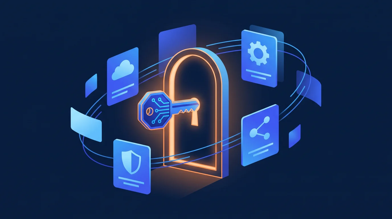 Illustration of a company portal ringed by department cards with key-based access