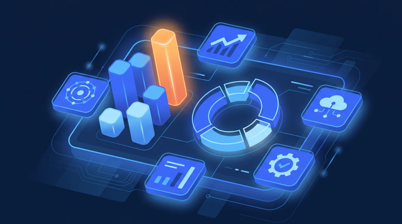 Illustration of a business intelligence panel with bars, a donut ring and KPI tiles