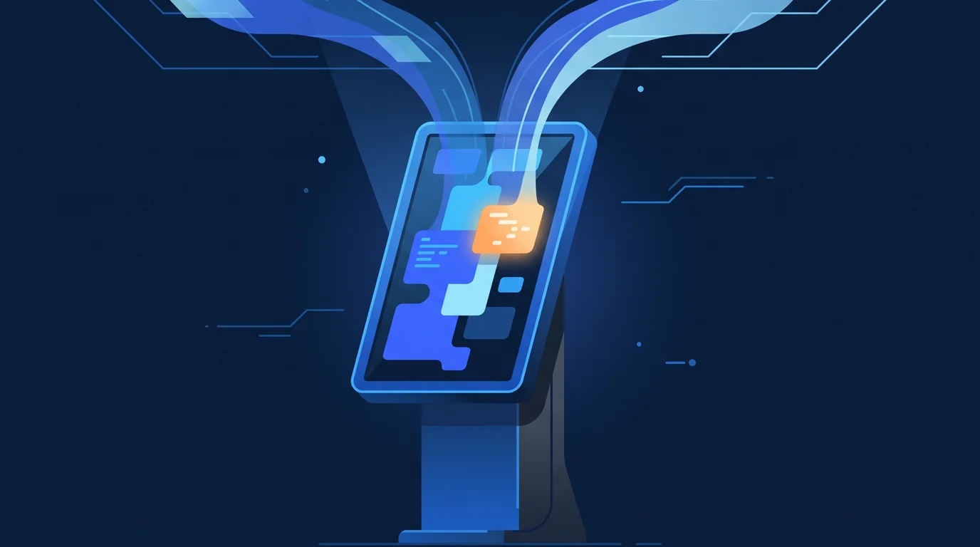 Illustration of a touch-screen kiosk totem receiving remote content