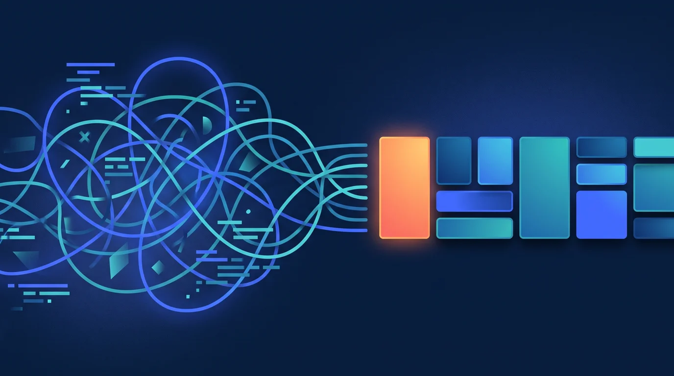 Illustration of tangled code lines untangling into neatly aligned blocks