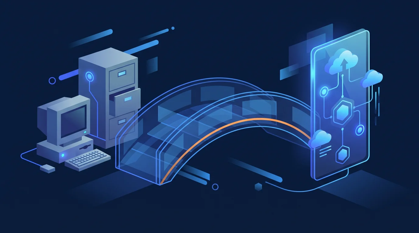 Illustration of a bridge from a legacy system to a modern cloud-connected setup