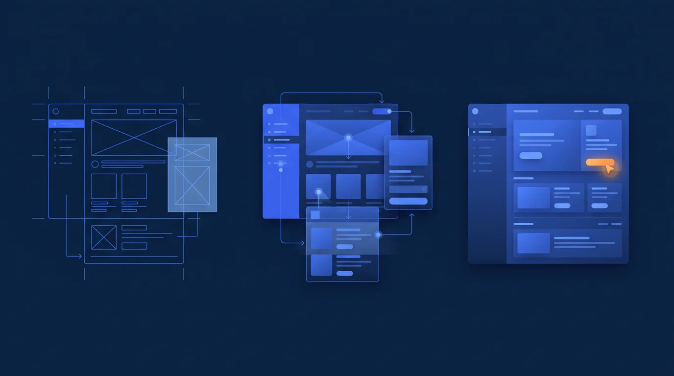 Illustration of three stages from wireframe to working product