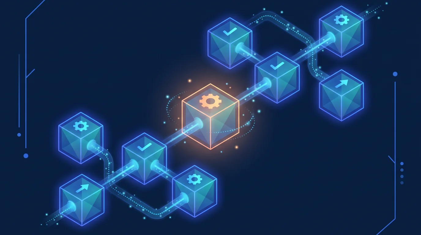Illustration of connected workflow nodes with data flowing between them