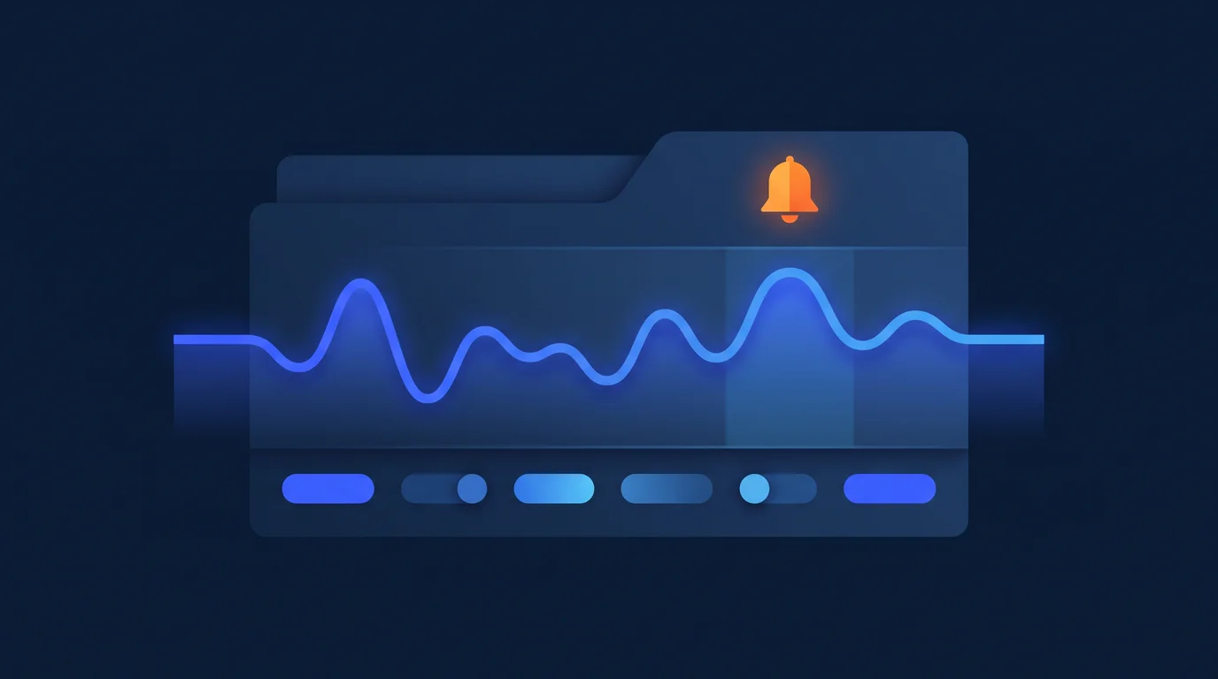 Illustration of a monitoring panel with an uptime graph and an alert bell