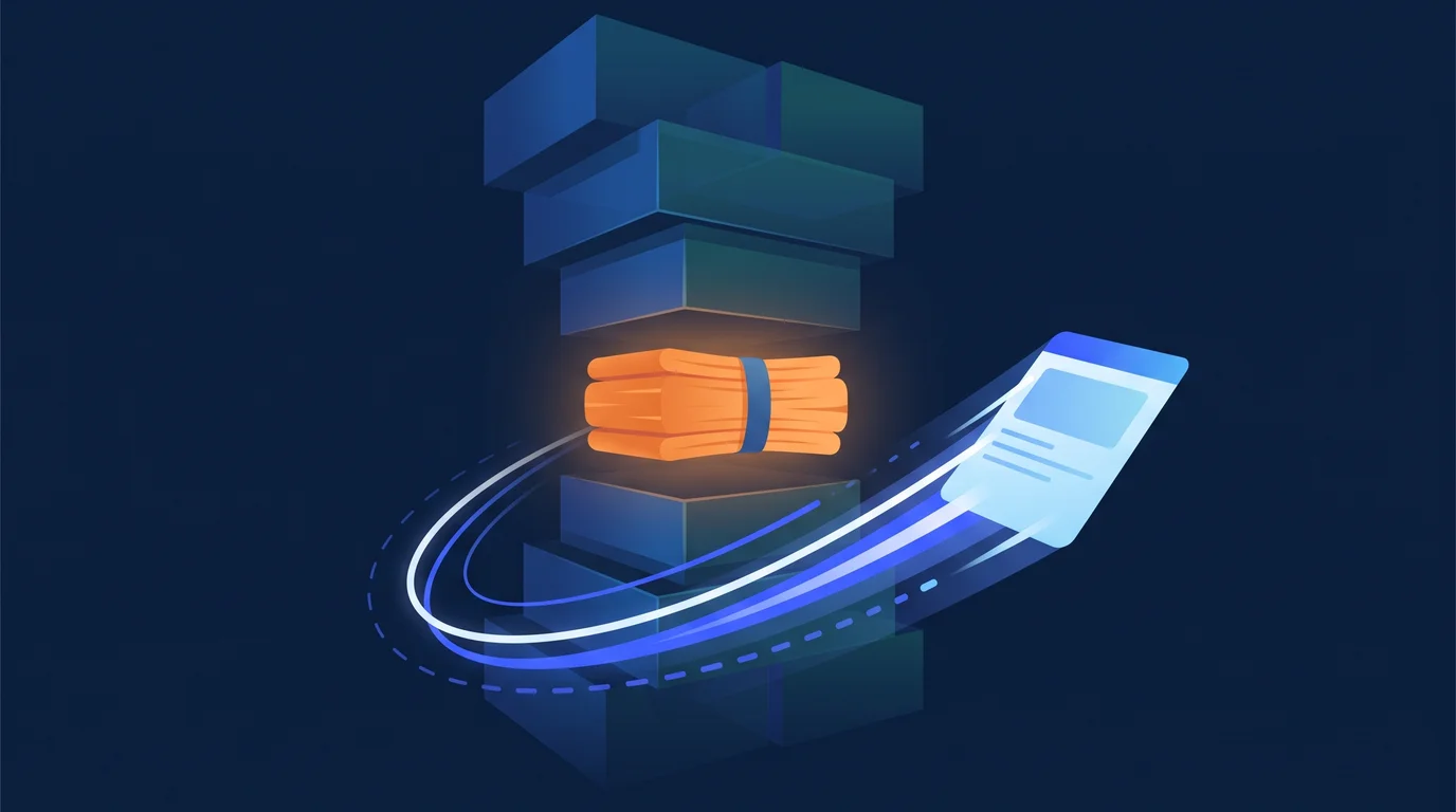 Illustration of heavy assets compressed into a slim bundle speeding up a page