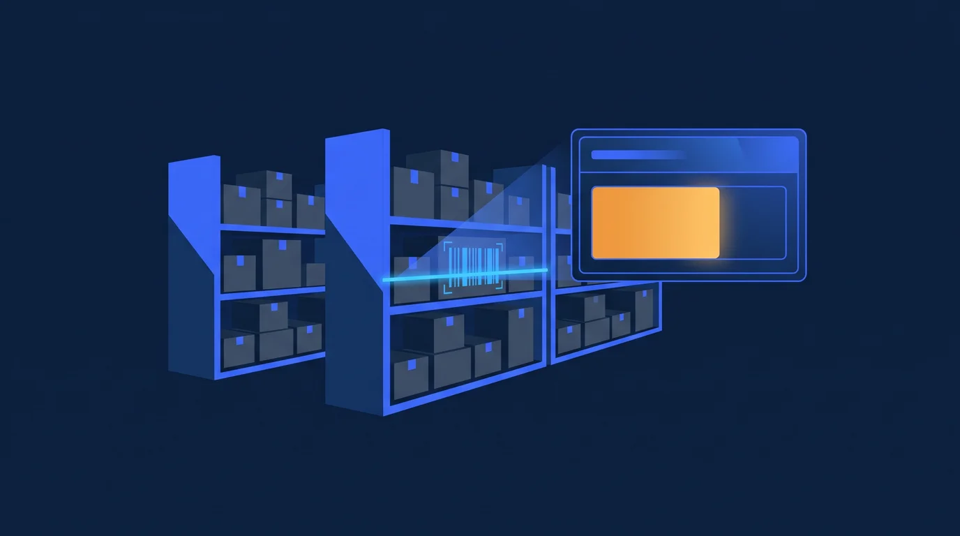 Illustration of warehouse shelves with a barcode scan and a stock counter