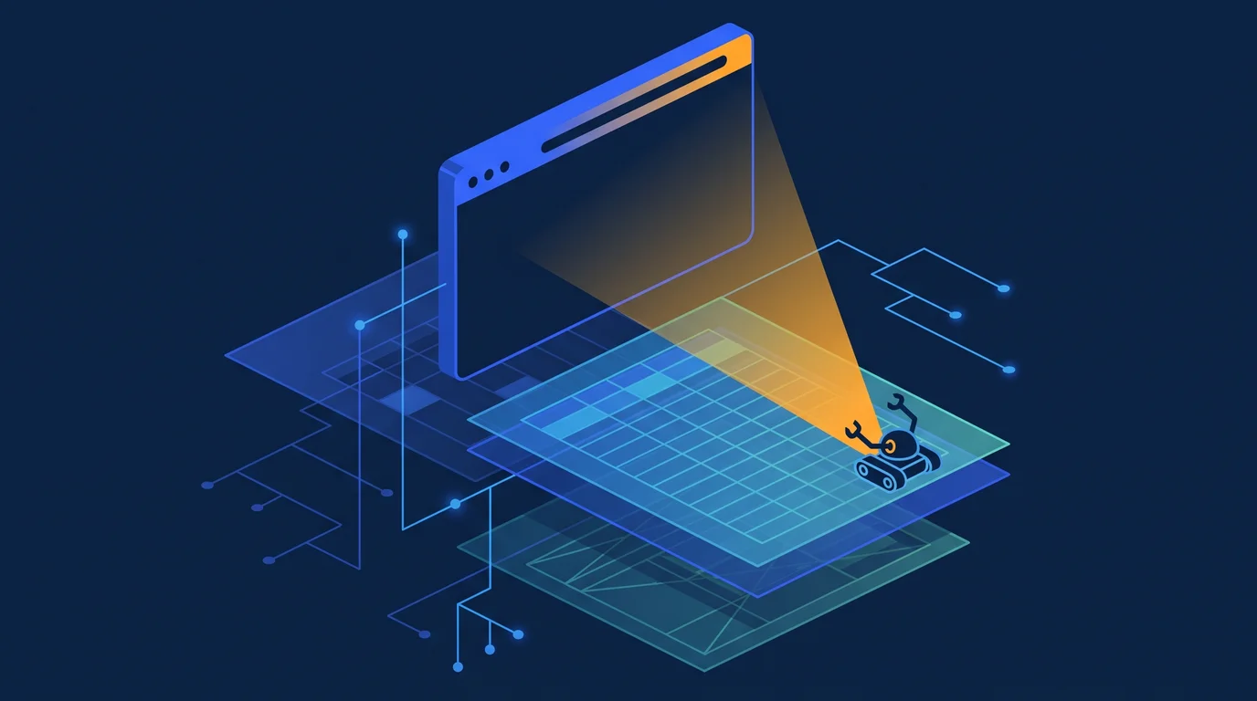 Illustration of a crawler reading layered structured data behind a browser window