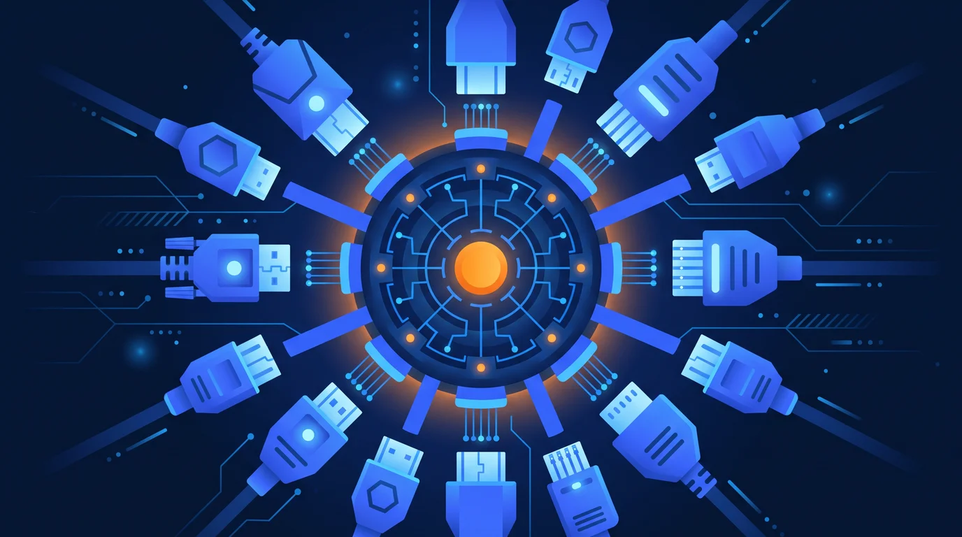 Illustration of differently shaped connectors docking into one central hub