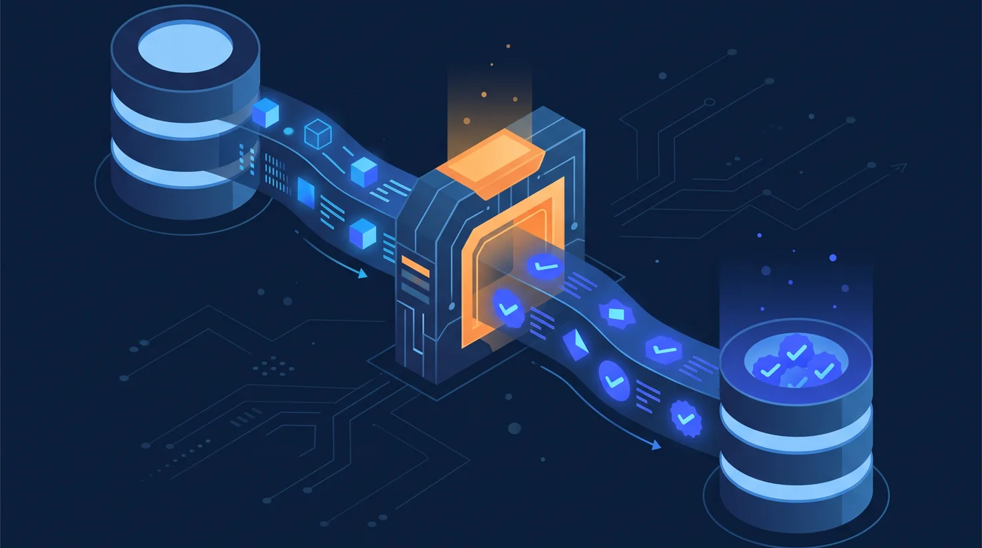 Illustration of data flowing between databases through a validation gate