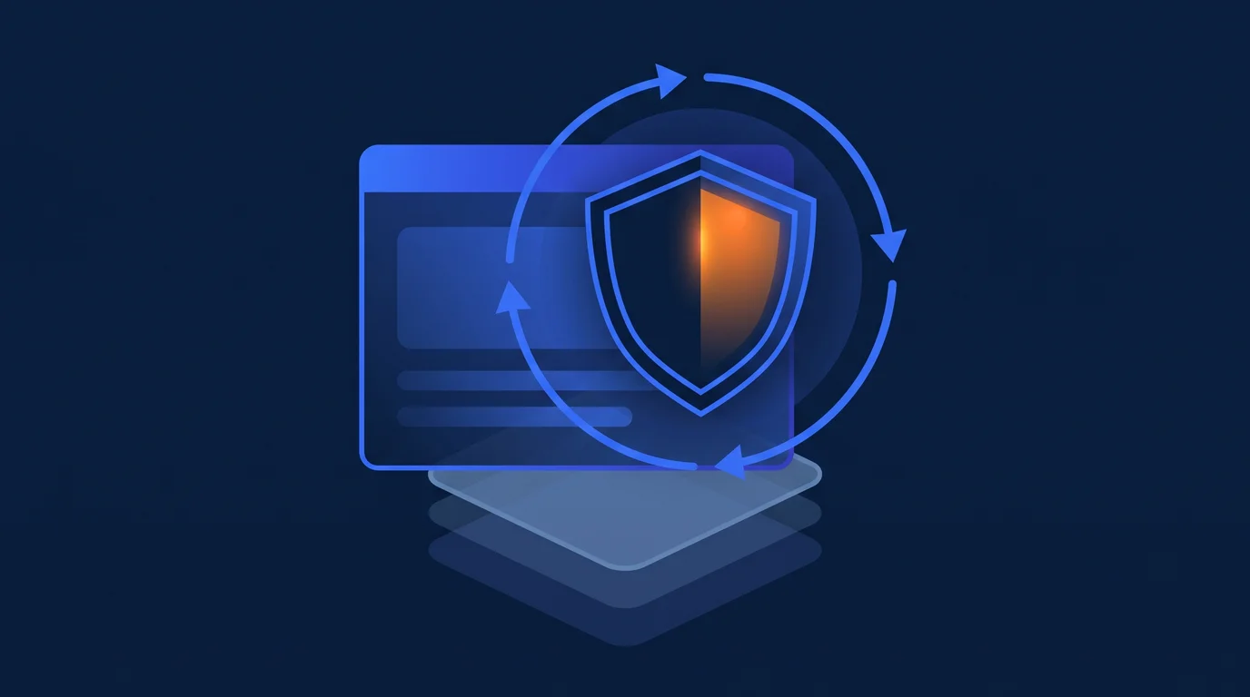 Illustration of site maintenance with a shield, update cycle and backup layer