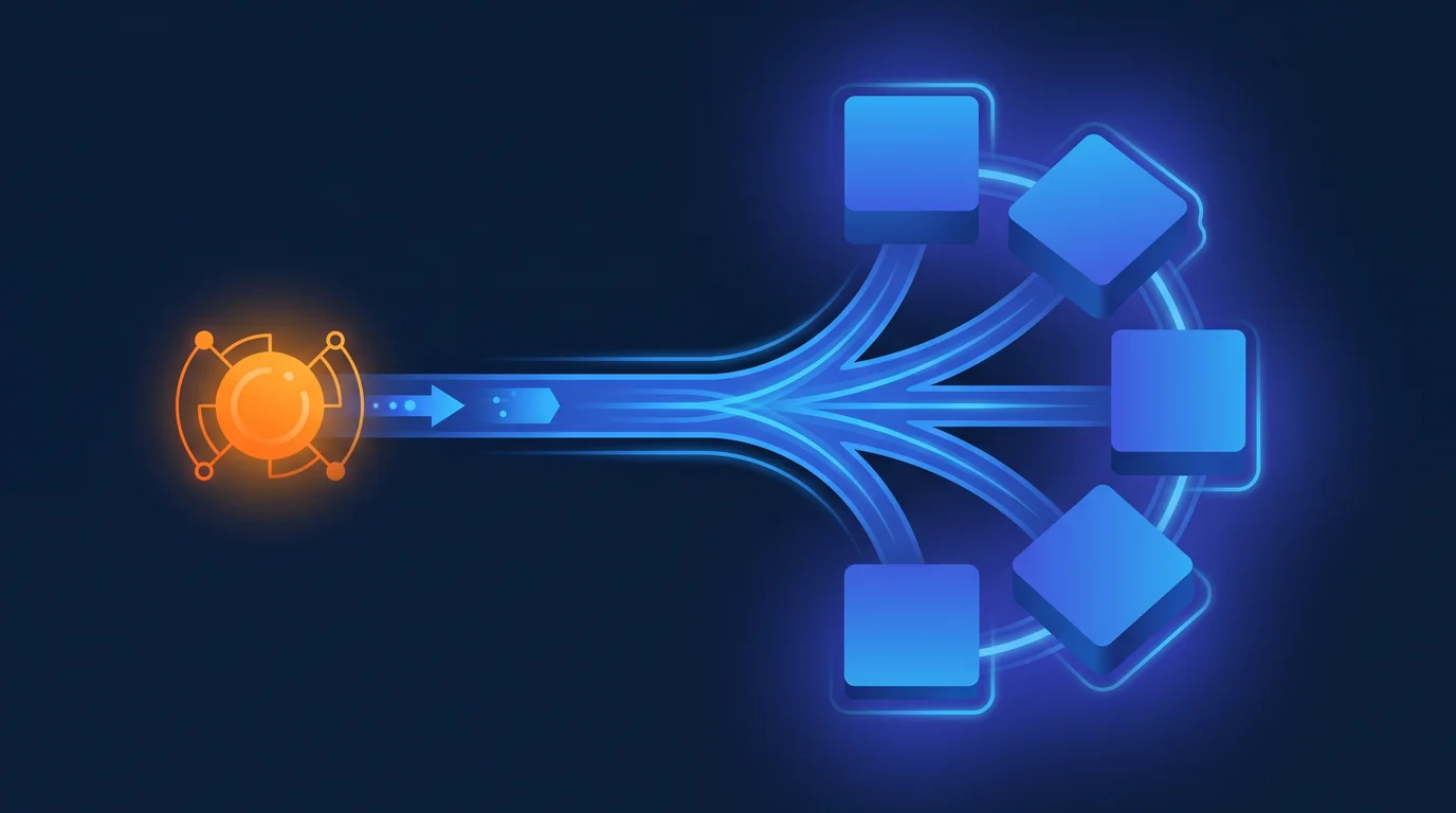 Illustration of an event trigger fanning through a queue into consumer services