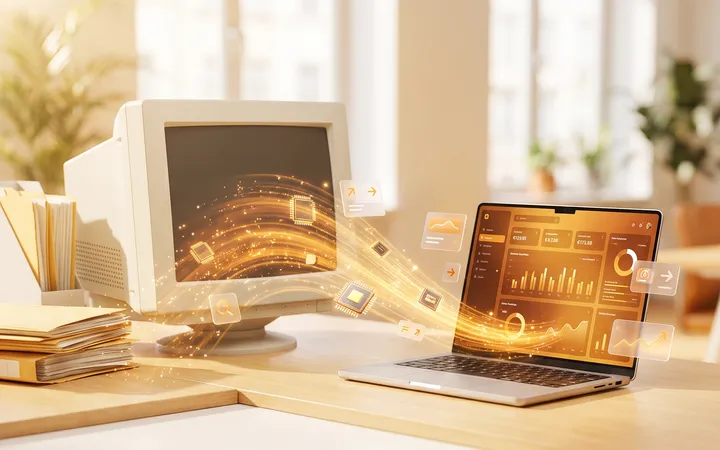 Legacy computer and paper files transforming into modern software, illustrating modernization