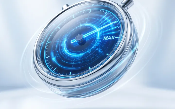Blue speedometer at maximum representing website speed optimization