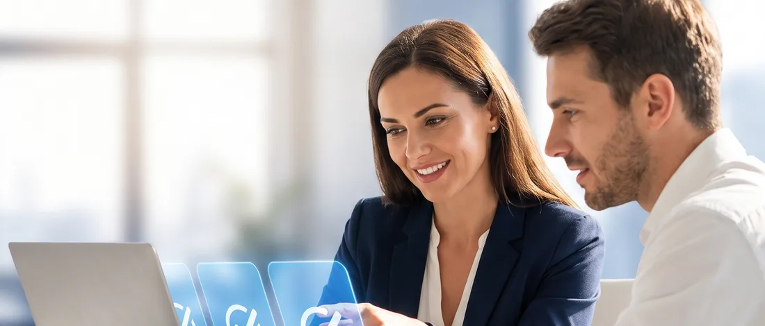 Illustrative scene of a software consultant and business owner reviewing a project screen together