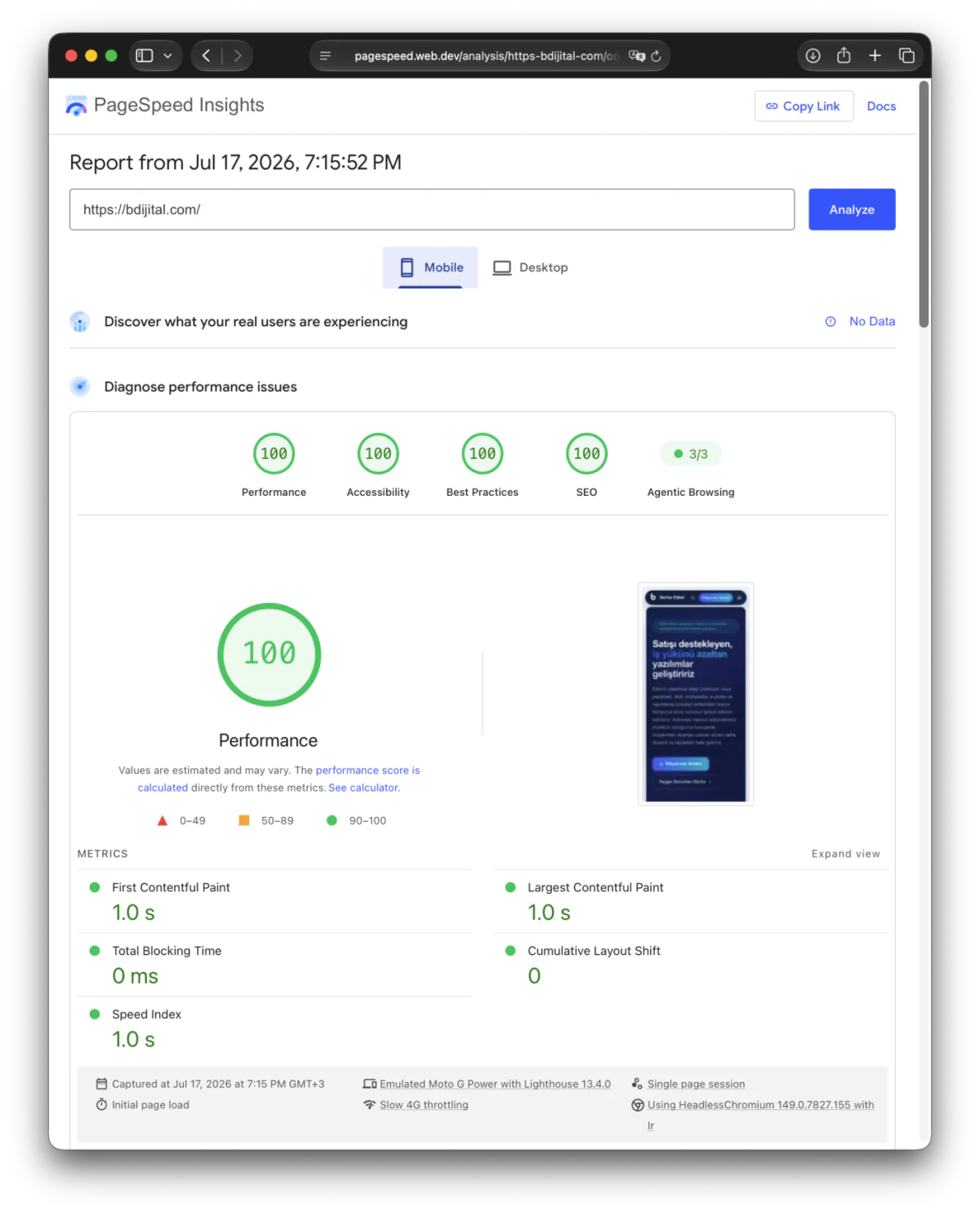bdijital.com için dört kategoride 100 puan gösteren Google PageSpeed Insights raporu
